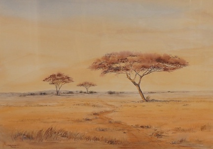 Thalassa Poiallipi, African landscape, signed, watercolour, 48 x 69cm